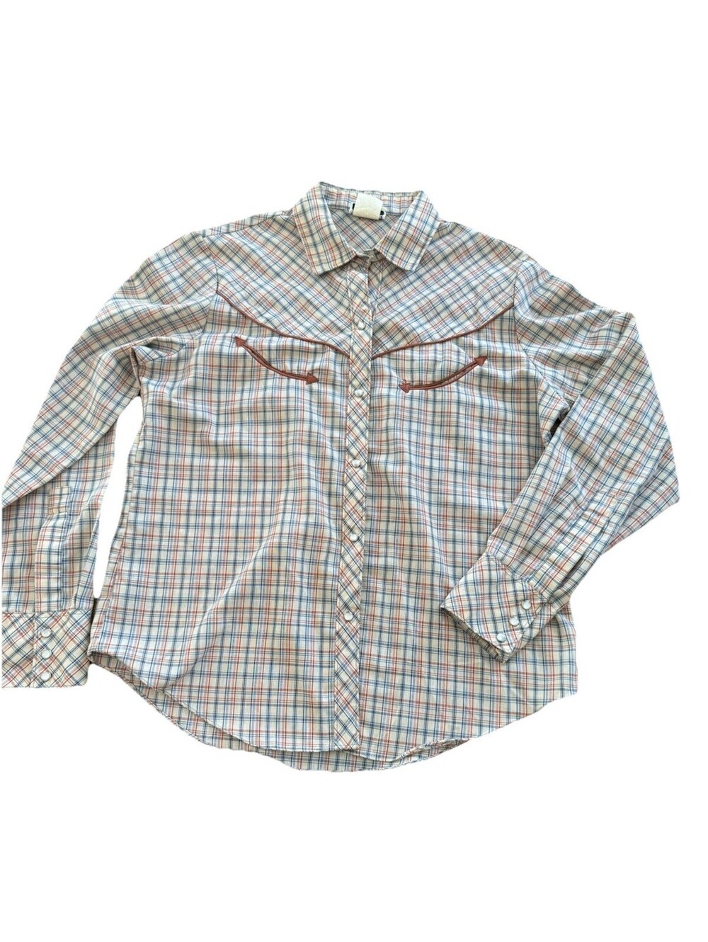 VTG 1970s Pantree Cowgirl Western Blouse Pearl Snaps Plaid Tan Multi Size 13 Med